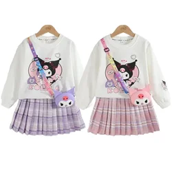 Set di vestiti per bambini Primavera Autunno Bambini Kuromi Maglione a maniche lunghe Top + Gonna a pieghe a quadretti 2 pezzi Abbigliamento Preppy per ragazze adolescenti