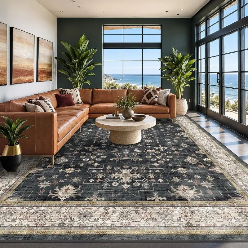 Vintage Persian Green Floral Carpet for Living Room American Mid‑century Ethnic Style Rug Non‑Slip Machine Washable Floor Mat