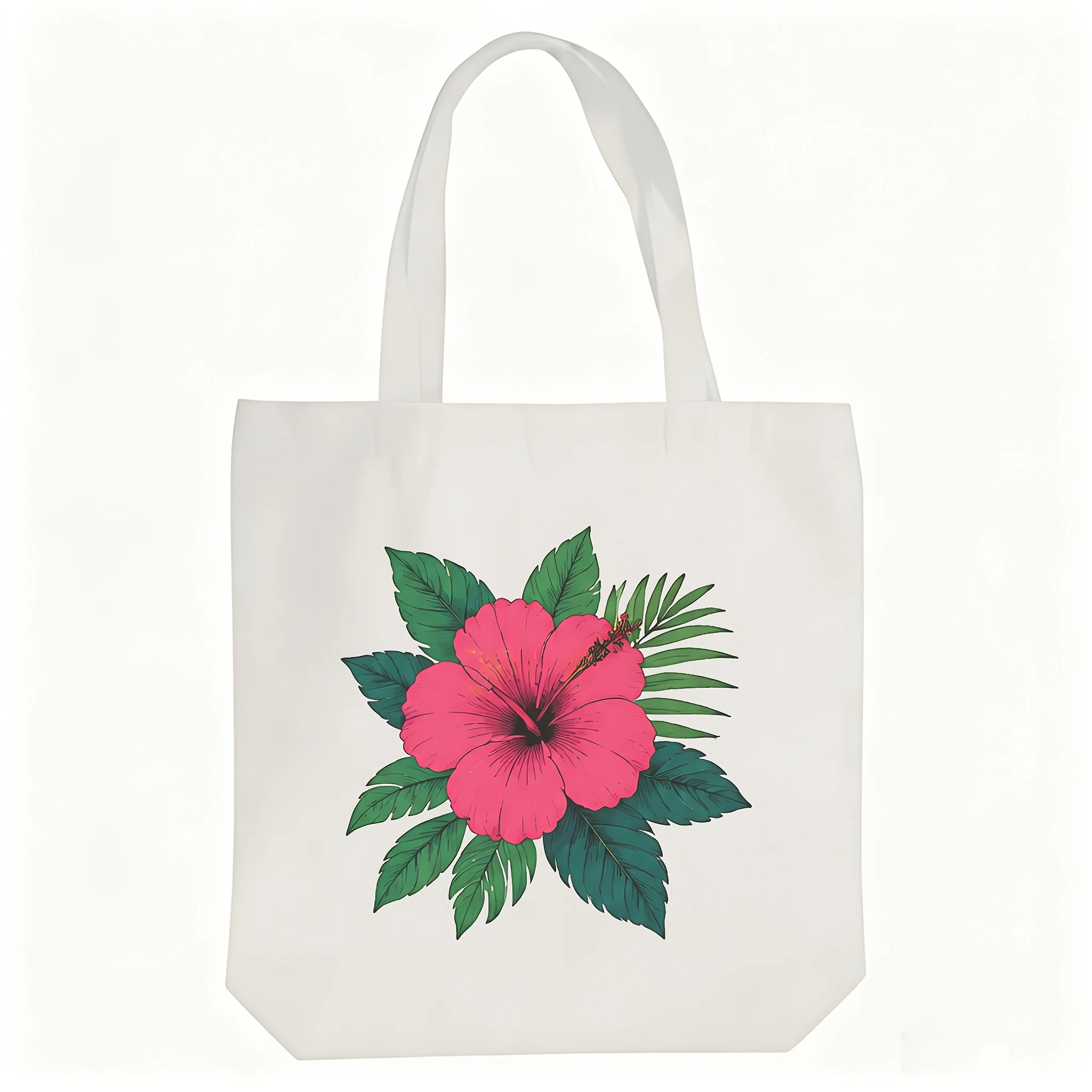 Pink Floral Watering Can Cotton Shopping Bag Reusable Bag with Long Handles Large for Grocery Lightweight Sturdy Flat Bottom Pur