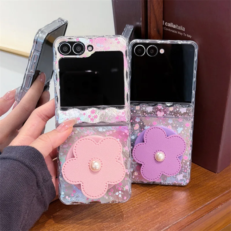 Simple Flower 3D Pearl Flower Bracket for Samsung Galaxy Z Flip 7 6 5 Protective Back Cover for ZFlip5 ZFlip6 ZFlip7 Case Shell
