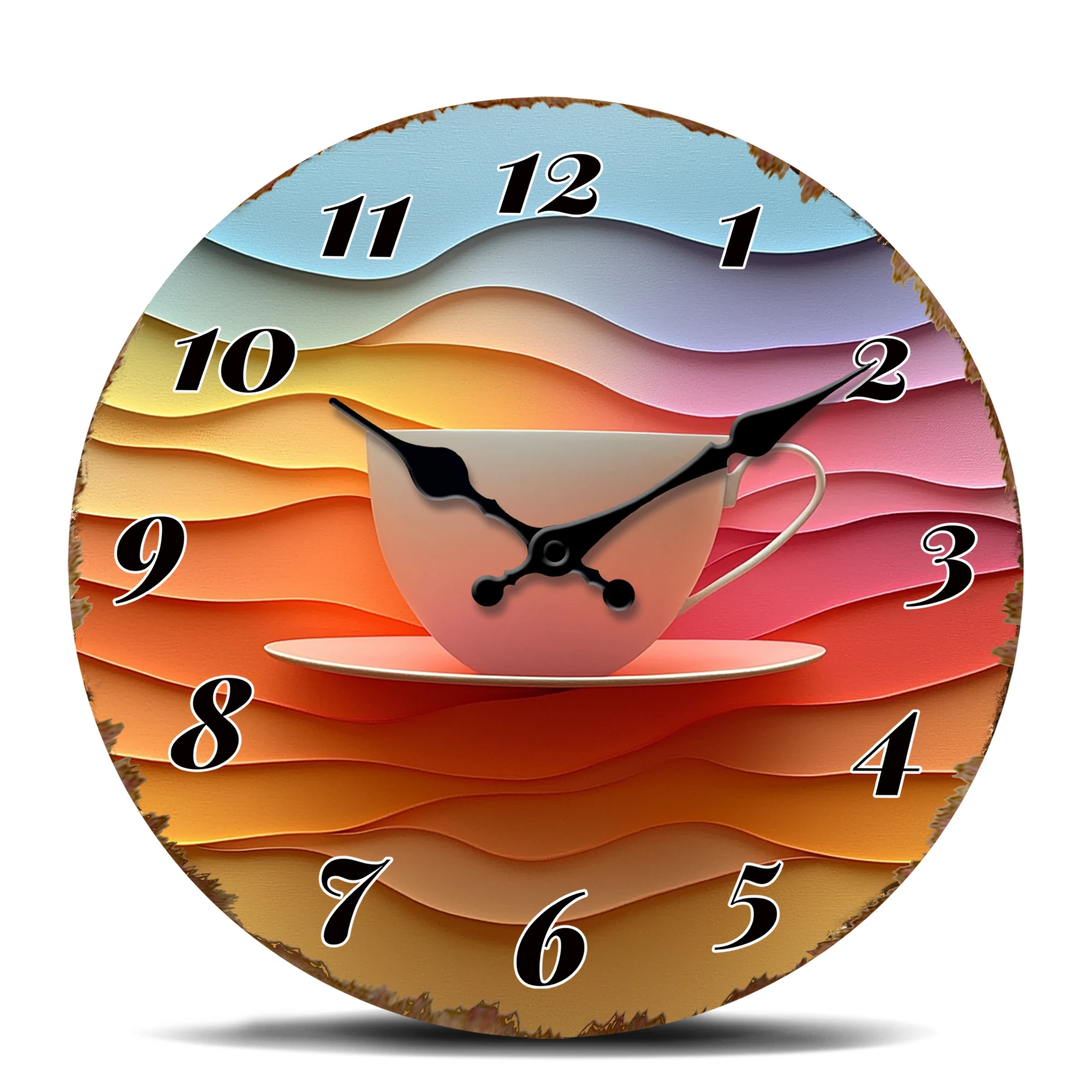 Colorful Teacup Layered Wave Wall Clock, Abstract Coffee Cup Design Round Timepiece, Modern Artistic Home Office Decor Hang Cloc