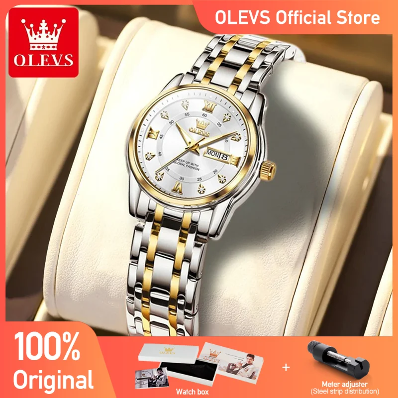 OLEVS Women\'s Watches Casual Fashion Wristwatch Staninless Steel Original Quartz Watch for Ladies Waterproof Luminous Date Week