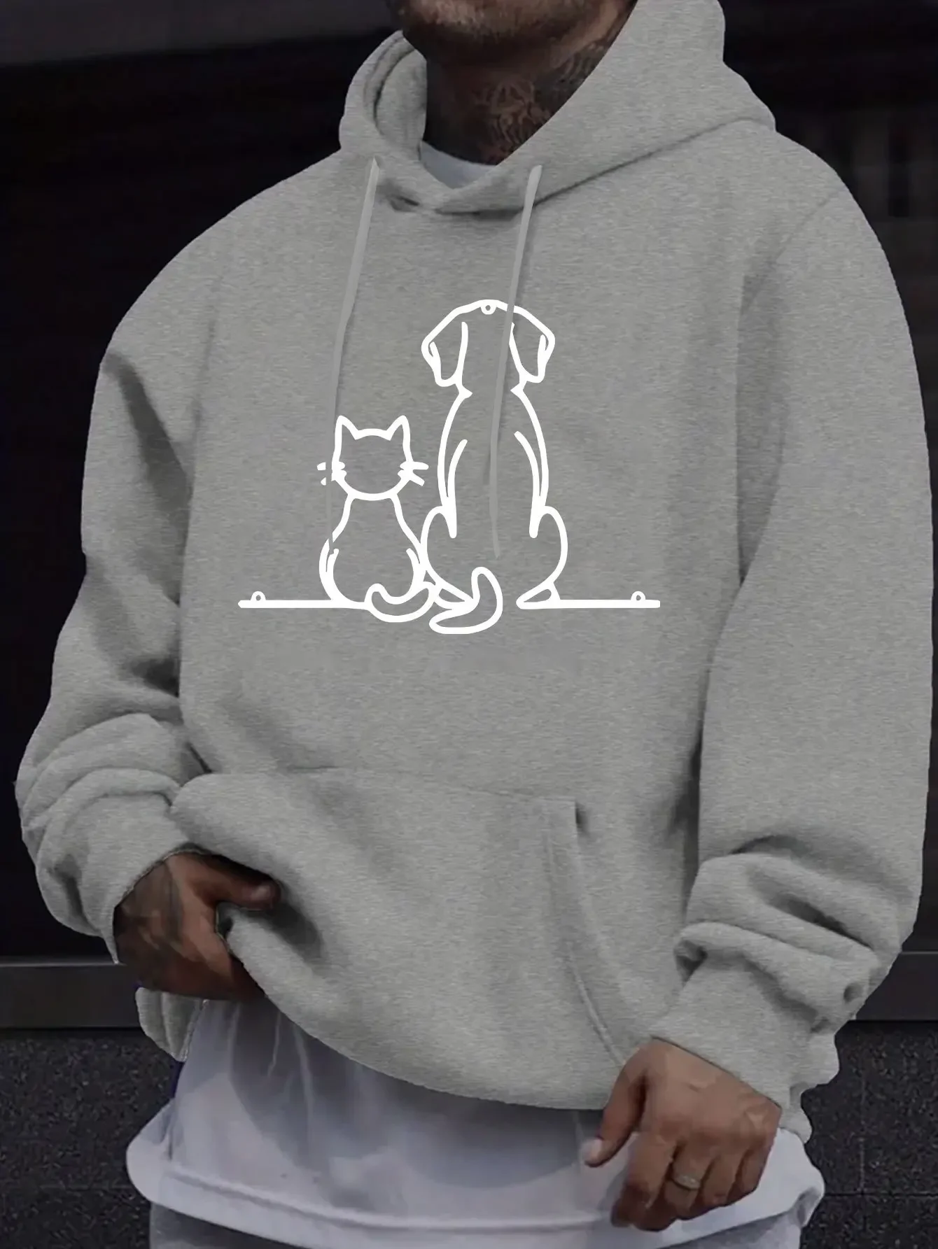 American/European Style Men's Autumn/Winter Printed Hoodie Long-Sleeve Sweatshirt Cat and Dog Silhouette Print Hooded Sweatshirt