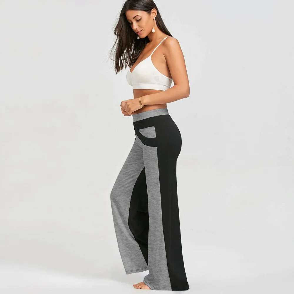 Women Patchwork Bell Bottoms Flare Trousers Mid Waisted Wide Leg Yoga Pants