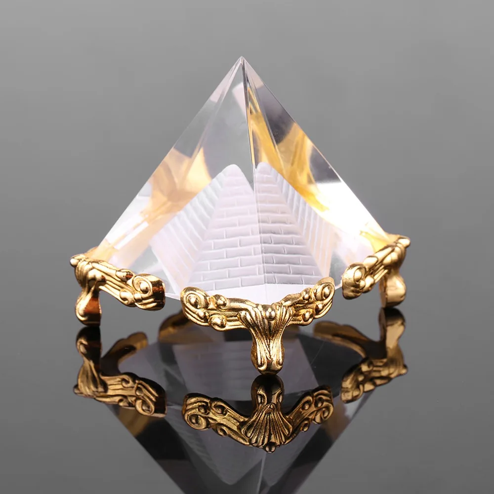 Gold Stand Crystal Pyramid Ornament Egyptian Glass Crystal Feng Shui Crafts Prism Pyramid Paperweight Office Decor