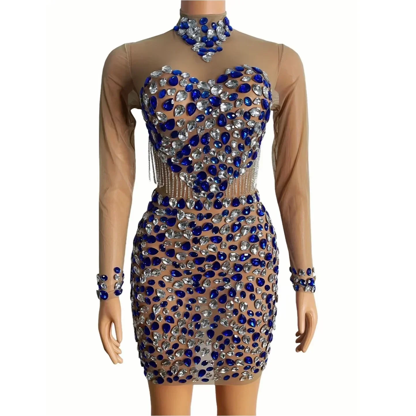 Robe fourreau Sexy à manches longues pour femmes, Perspective nue, pompon en cristal brillant, tissu de boîte de nuit, Costume de scène de danse de bal