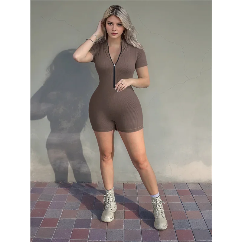 

ABRT-Women Rompers Ribbed Short Sleeve Zip Front Stretch Tummy Control Yoga Workout Rompers