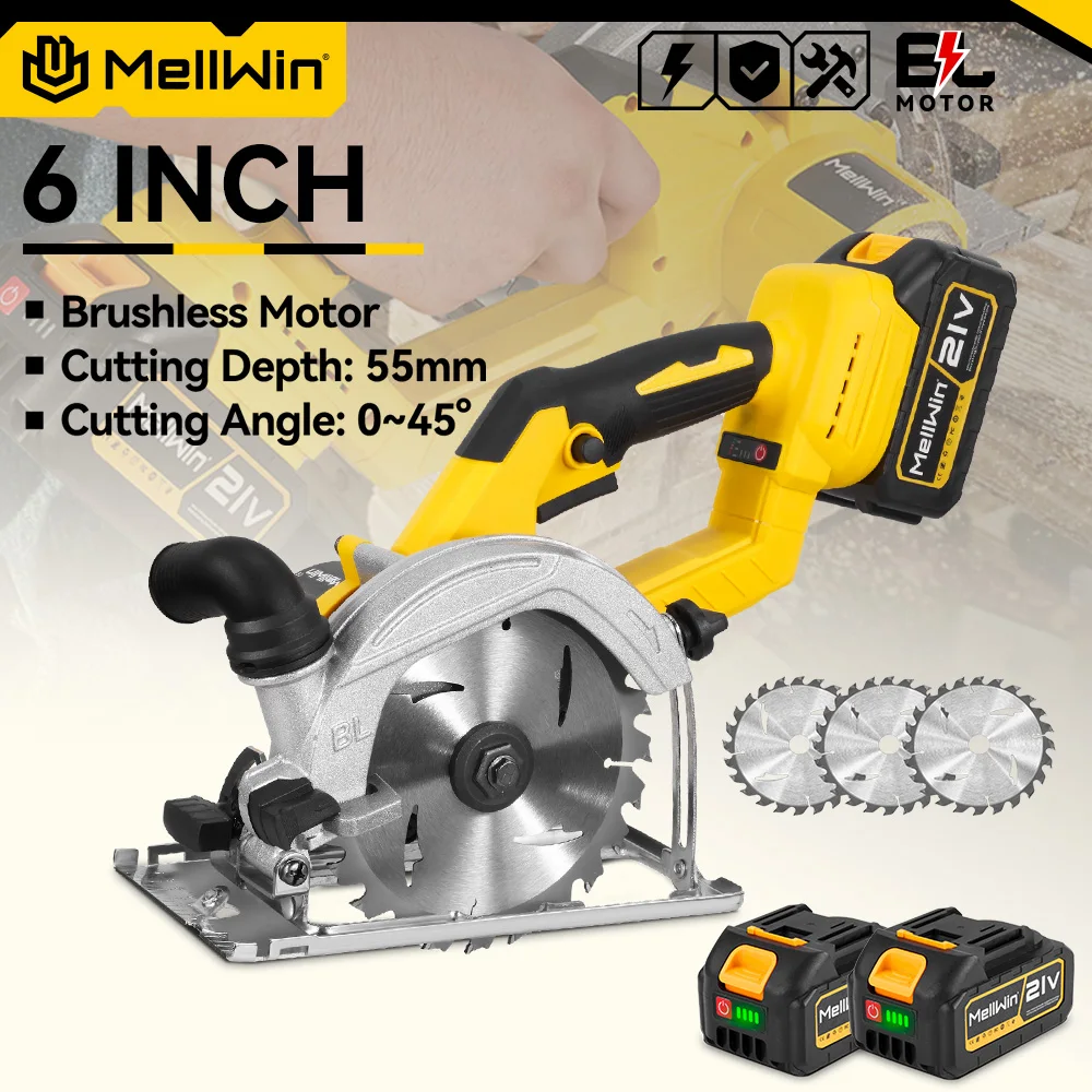 MELLWIN-Sierra Circular eléctrica sin escobillas de 6 pulgadas, sierra Circular de mano inalámbrica de 150MM, herramienta de carpintería para Pin de batería Makita de 18V