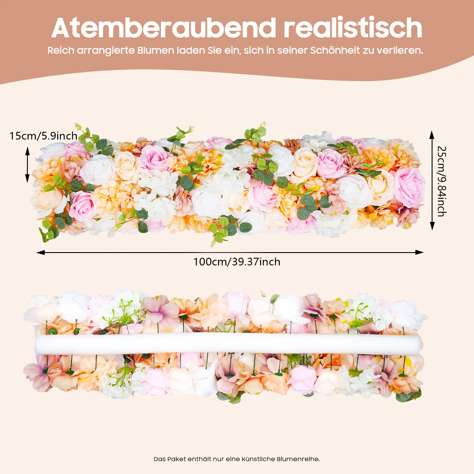 100 cm 3D Künstliche Seidenblumenreihe, handgefertigtes Kunstblumenarrangement, biegsamer Stiel, wartungsfreie Wanddekoration für Hochzeit, Balkon, Garten, Hotel, Fotografie-Hintergrund