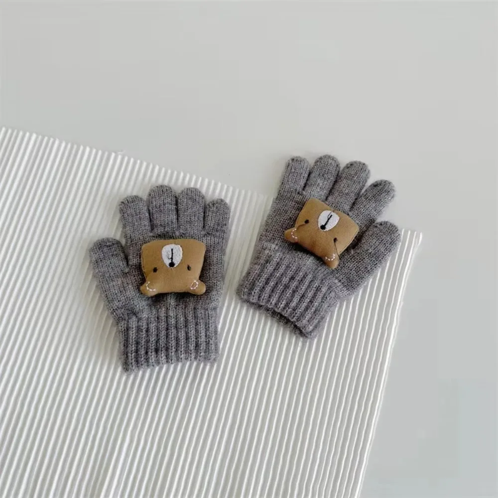 

New 3D Bear Winter Knitted Gloves Solid Woolen Thickened Five Gloves Windproof Mittens 1-4year Toddler