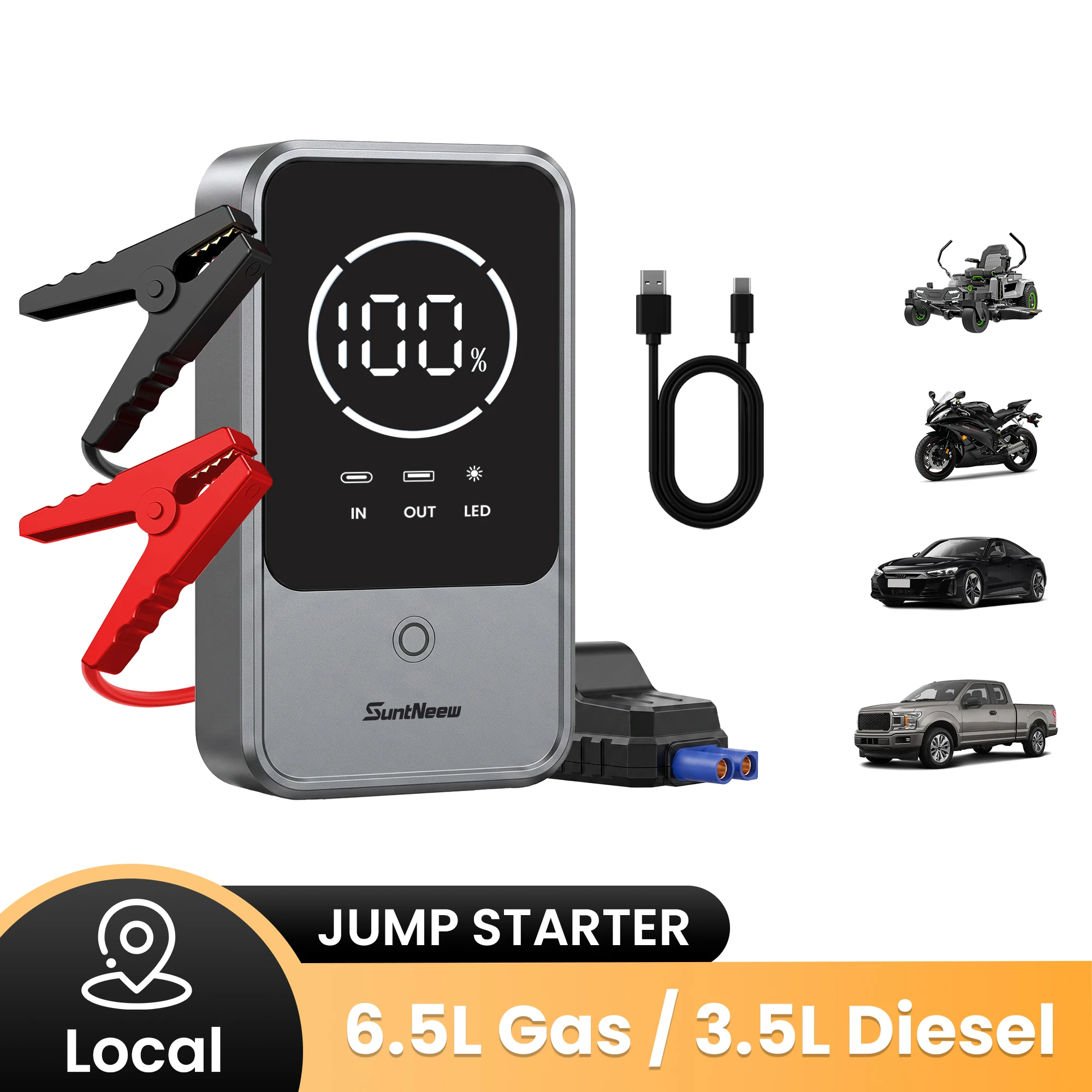 SuntNeew 12V Car Jump Starter, 2000A Peak 10000mAh Portable Auto Starting Device, Battery Booster with 2.4in LCD for Voltage & Battery Reading, PD 18W Fast Charge, Dual USB-A, 3-Mode LED & Smart Clamp for 6.5L Gas and 3.5L Diesel Engines