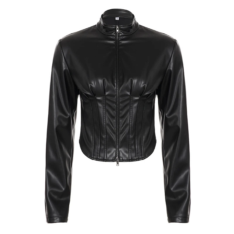 PU Leather Moto Jacket Vintage Stand Collar Waist Zip Slimming Oversized Biker For Women Streetwear Party Night Edgy Gothic