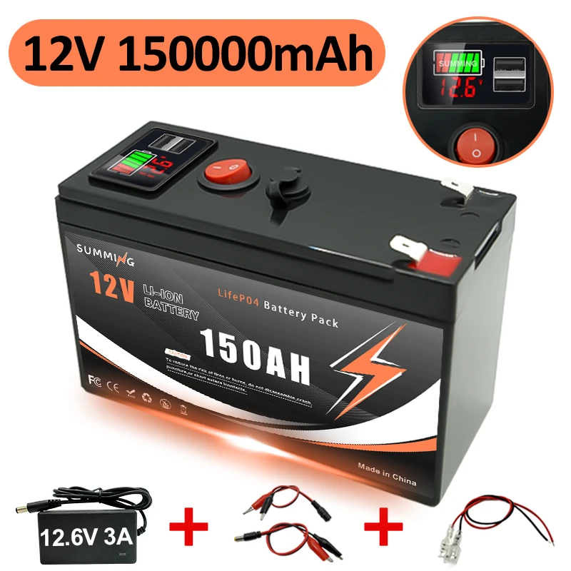 

LiFePO4 12V 4000+ Deep Cycles 18650 Lithium 150Ah Battery Built-in BMS,for UPS, Kayak Fish Finder, Solar Panel,Power Wheels
