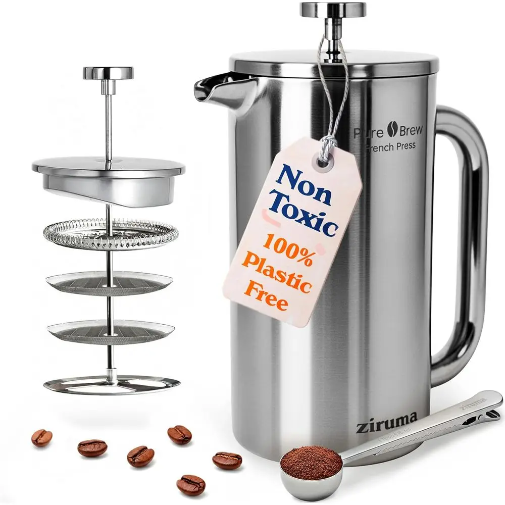 

Portable Double Wall Coffee Maker, 34 Oz, 4-Layer Filter, Non-Toxic, Stainless Steel, Plastic-Free, Heavy Metal-Free, No Endocri