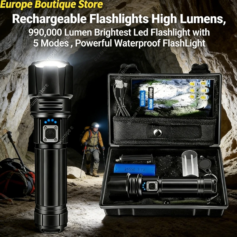 Potente Linterna Led De 990000 Lúmenes, Recargable, Alta Potencia, 5 Modos, Impermeable, Luz De Mano Brillante — -84%, $61.26 Coupon, from $11.53 – 84% descuento – €11.53