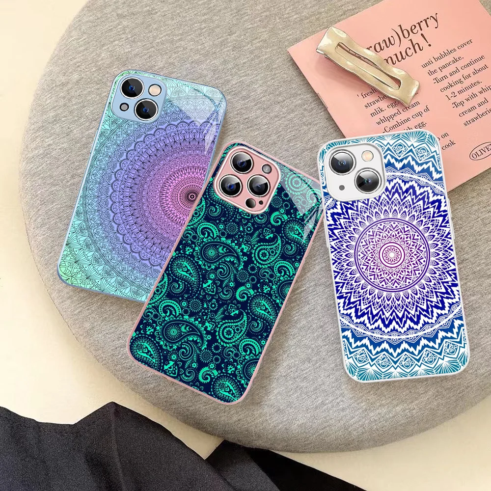 

Colorful Mandala Flower Phone Case Tempered Glass For Iphone 14 13 12 11 Pro Mini XS MAX 14Plus X XS XR Fundas