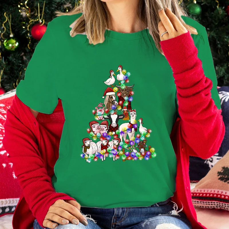 

New Christmas Alpaca Graphic Print T-Shirt Women Fashion Round Neck Loose Tee Shirt Streetwear Casual Harajuku T-Shirt