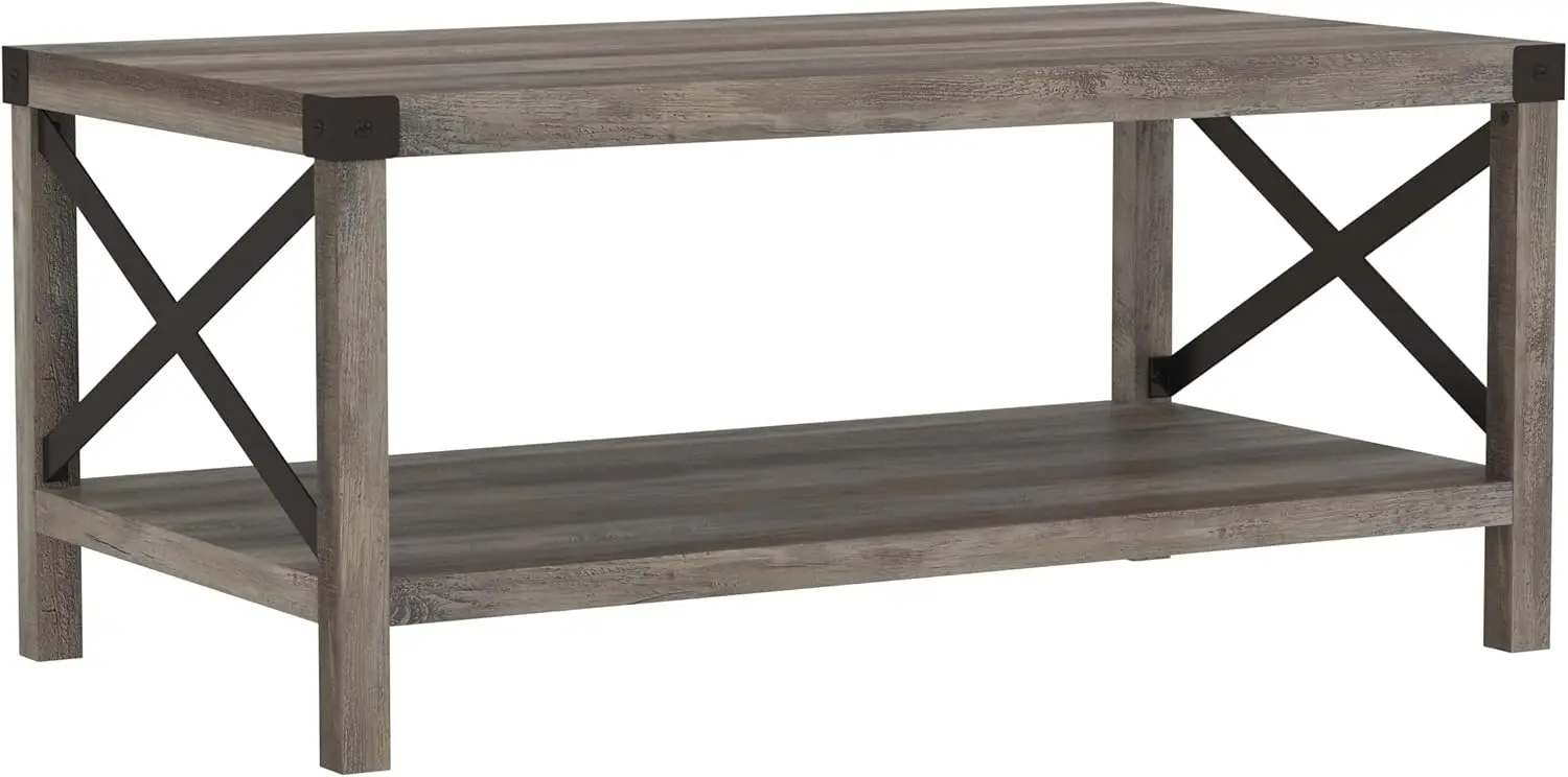 Sedalia Modern Farmhouse Metal X Coffee Table, 40 Inch, Grey Wash