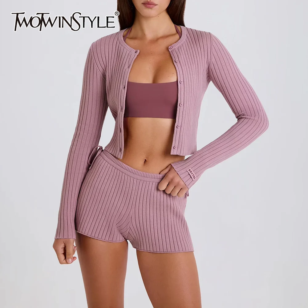 TWOTWINSTYLE Hot Girl سليم محبوك قطعتين مجموعة للنساء الجولة الرقبة طويلة الأكمام منخفضة الخصر الرباط السراويل دعوى الإناث الخريف