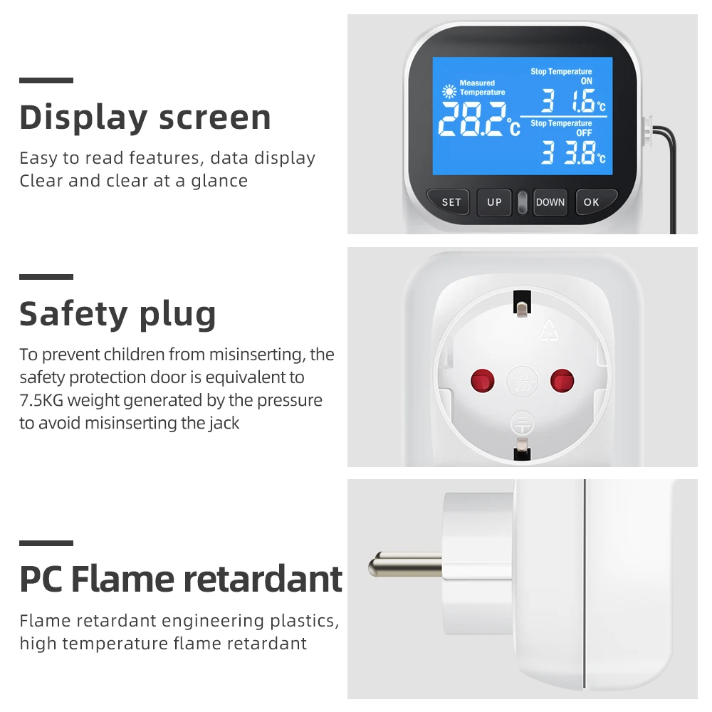Imagem -05 - Soquete Controlador de Temperatura Digital eu Plug Termostato com Temporizador Sensor Sonda de Aquecimento Interruptor Refrigeração Retroiluminação 16a