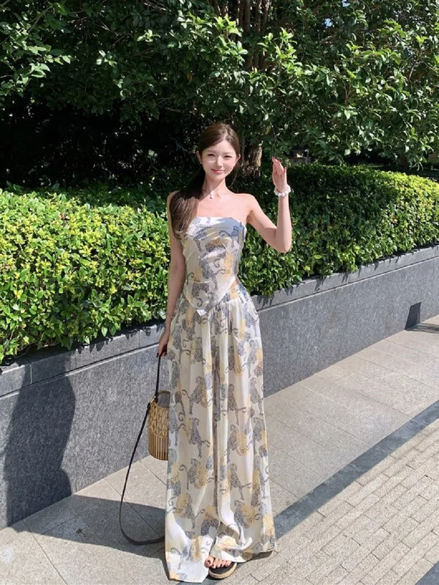 

New Summer Fashion Two-Piece Set Irregular Leopard Print Sleeveless Strapless Vest Hot Girl Casual Wide-Leg Pants Women'S Suit