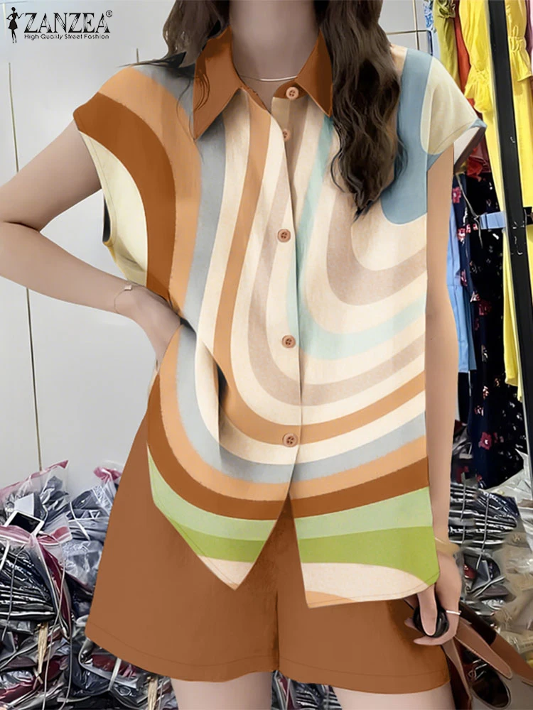 

ZANZEA Fashion Summer Outfits Women Two Pieces Sets Tracksuits Short Sleeve Printed Blouse Short Sets Casual Holiday Suits 2025