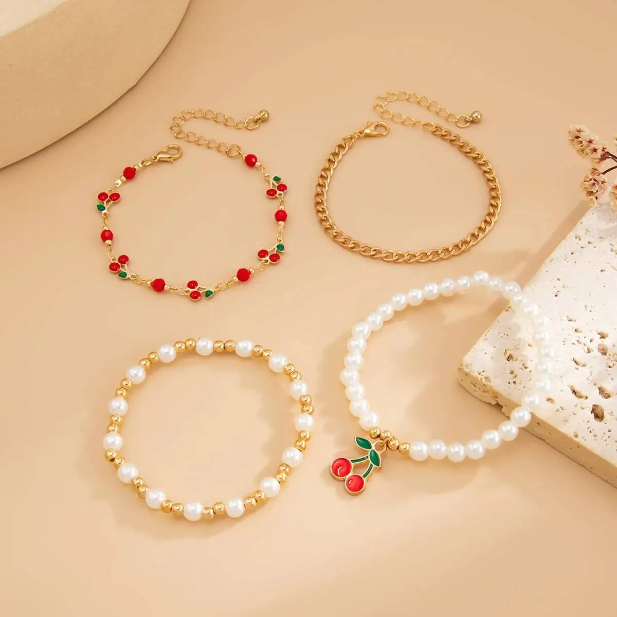 

PuRui 4 Pcs Bohemia Romantic Imitation Pearls Cherry Beads Bracelet Set Women Trendy Exquisite Alloy Drip Oil Bangle Y2k Jewelry