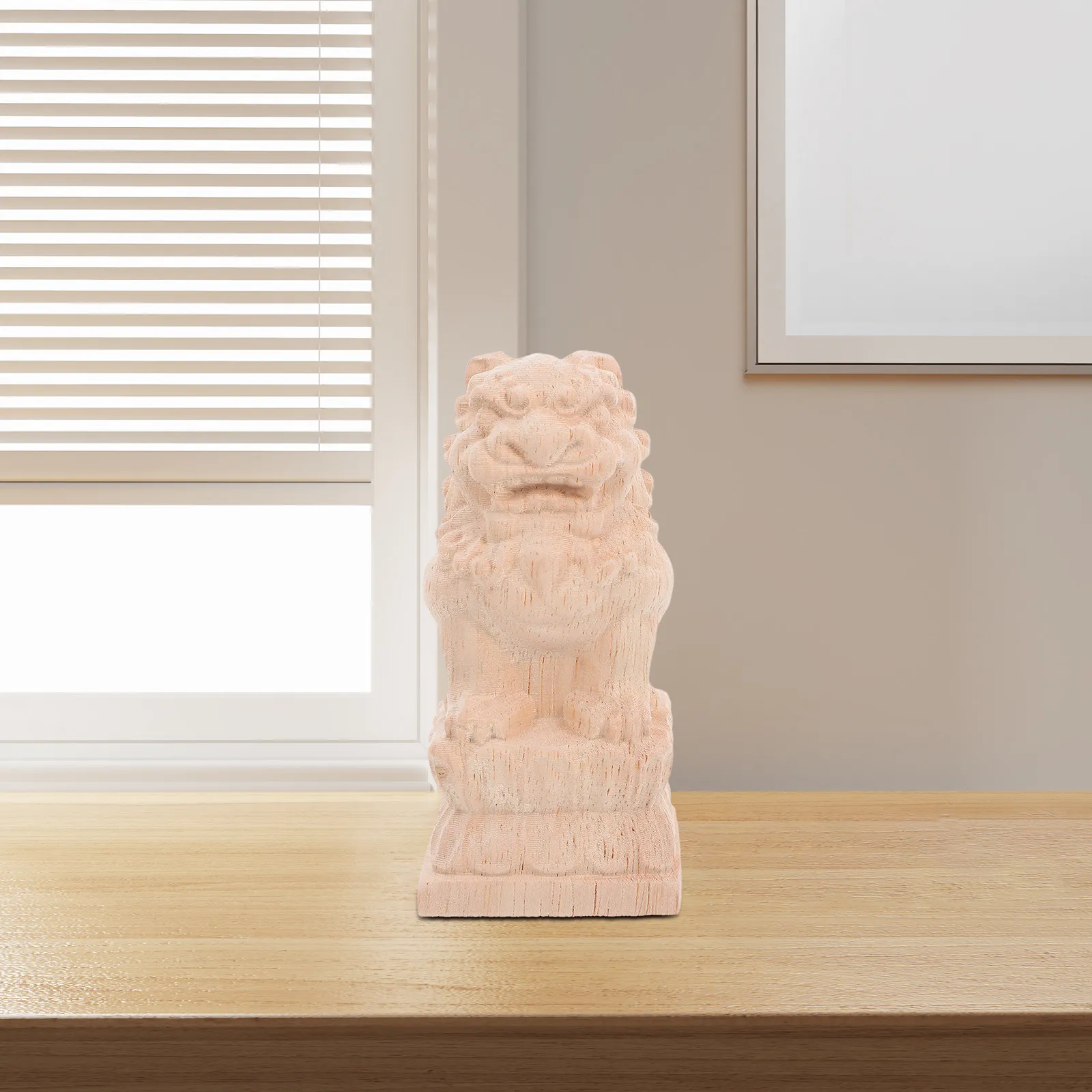 Unfinished Wood Carved Finials Solid Wood Garden Decor Outdoor Fence Post Top Ornament Chinese Guardian Lion Feng