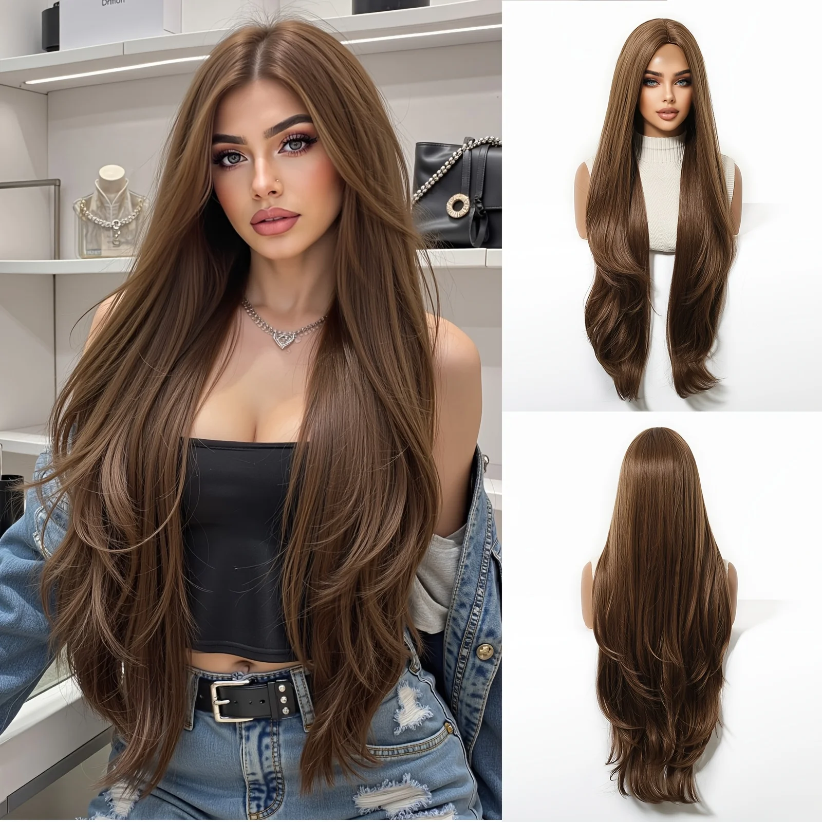 32-inch elegant brown middle-parted long straight hair, layered cut, autumn-winter new style, fashion trend