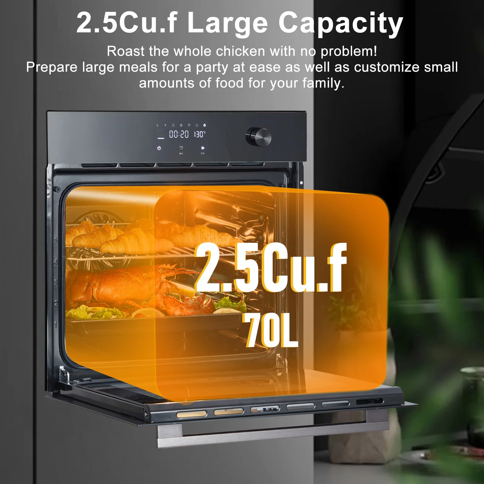 เตาอบไฟฟ้าแบบฝังขนาด 24 นิ้ว ความจุ 2.5 คิว ทำจากสแตนเลส พร้อมฟังก์ชั่นอบไอน้ำ อบลมร้อน ทอดไร้น้ำมัน 8 โหมดตั้งค่าล่วงหน้า ควบคุมด้วยระบบสัมผัส