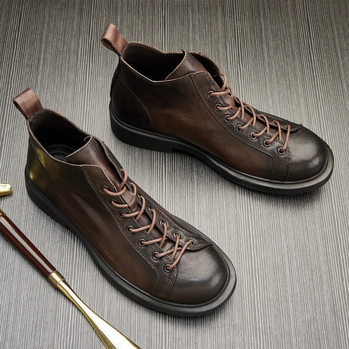 Cowboy Mens Boots Fashion High Quality Genuine LeatheLace-Up Mens Boots Velvet Motorcycle Boots Outdoor Mens Boots