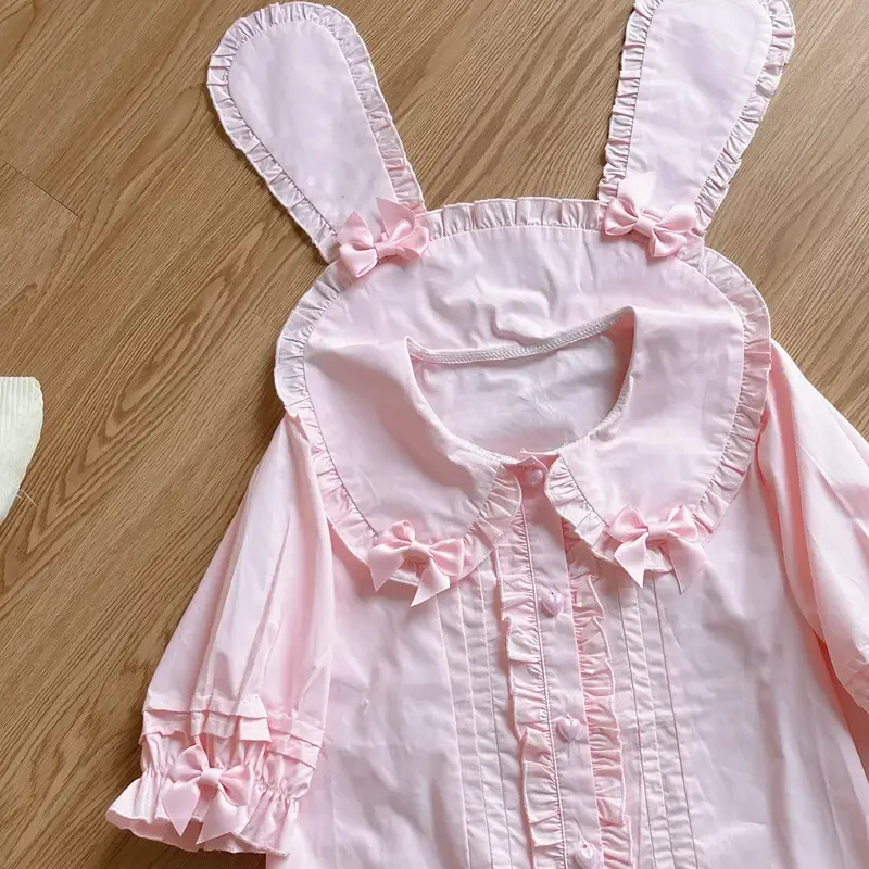 Japanese Soft Girl Sweet Cute Lolita Shirt with  Bunny Bow Short Sleeved Student Top Shirt 3 Colors