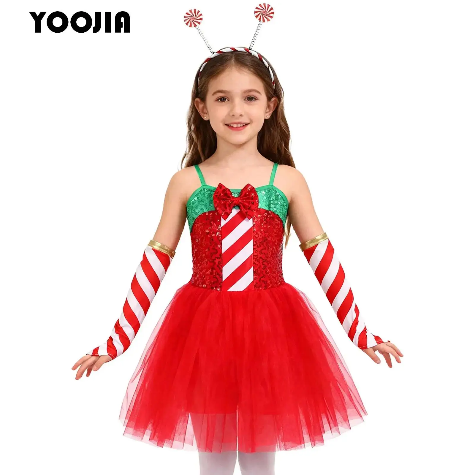 

Girls Sequins Striped Tutu Dance Dress Candy Cane Mrs Santa Claus Costume Christmas Party Figure Ice Skating Leotard Dancewear