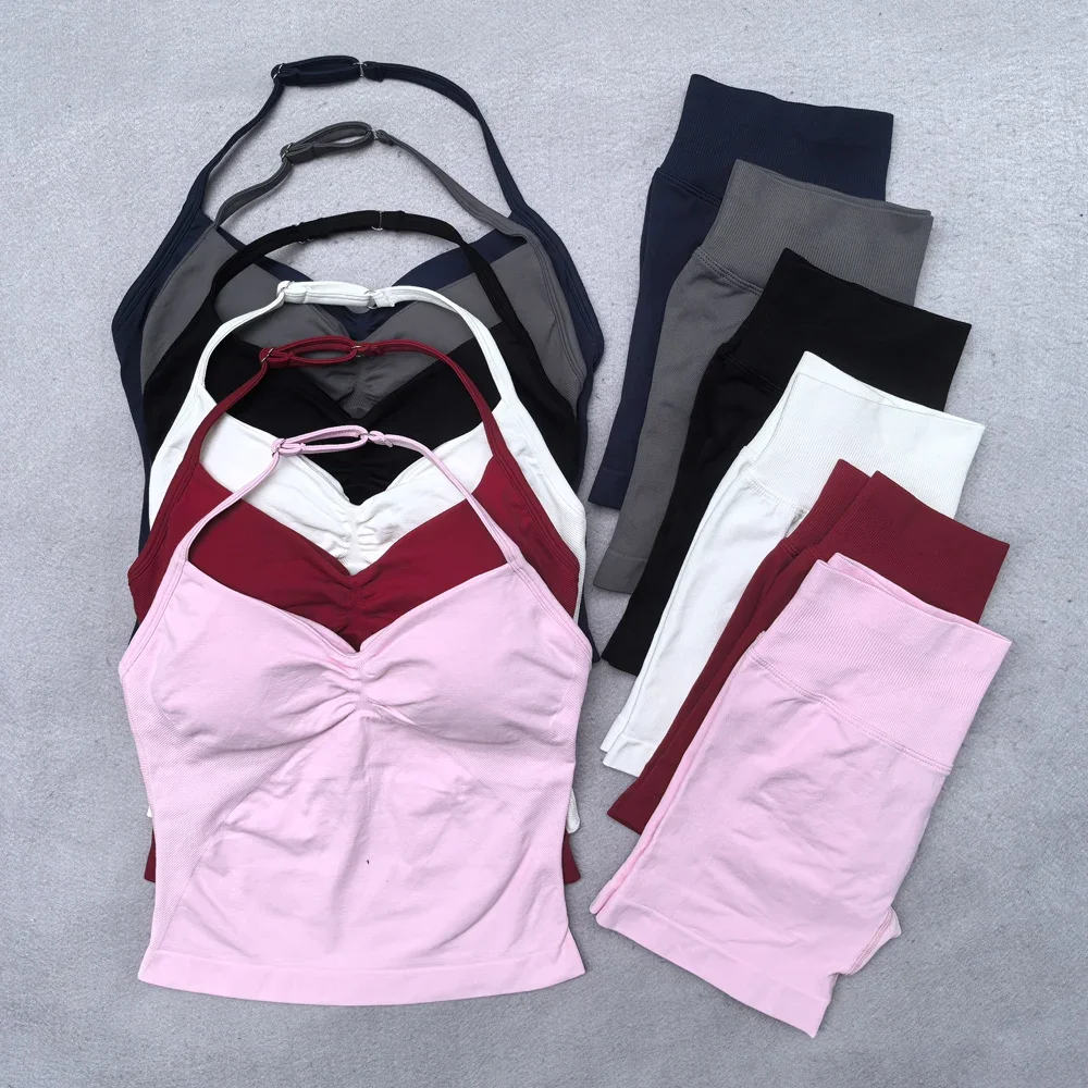 New Seamless Yoga Set Women 2Pcs Padded Halter Tank Top Scrunch Butt Lifting Gym Shorts Set Summer S