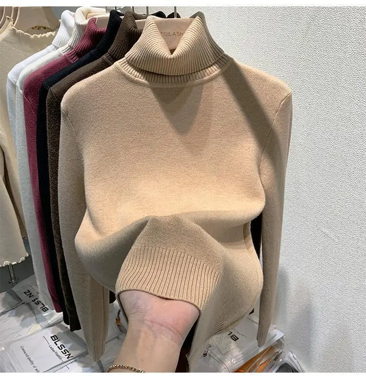 2025 New Thicken High Collar Pullover Women's Sweater Top Winter Warm and Soft Solid Color Inner Wear Bottoming Shirt