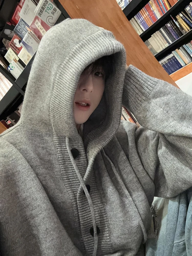 

American Sle Hooded Knitted Sweatirt Men's Autumn Winter Cleanfit ey High End Feeling Lazy Couple Outerwear