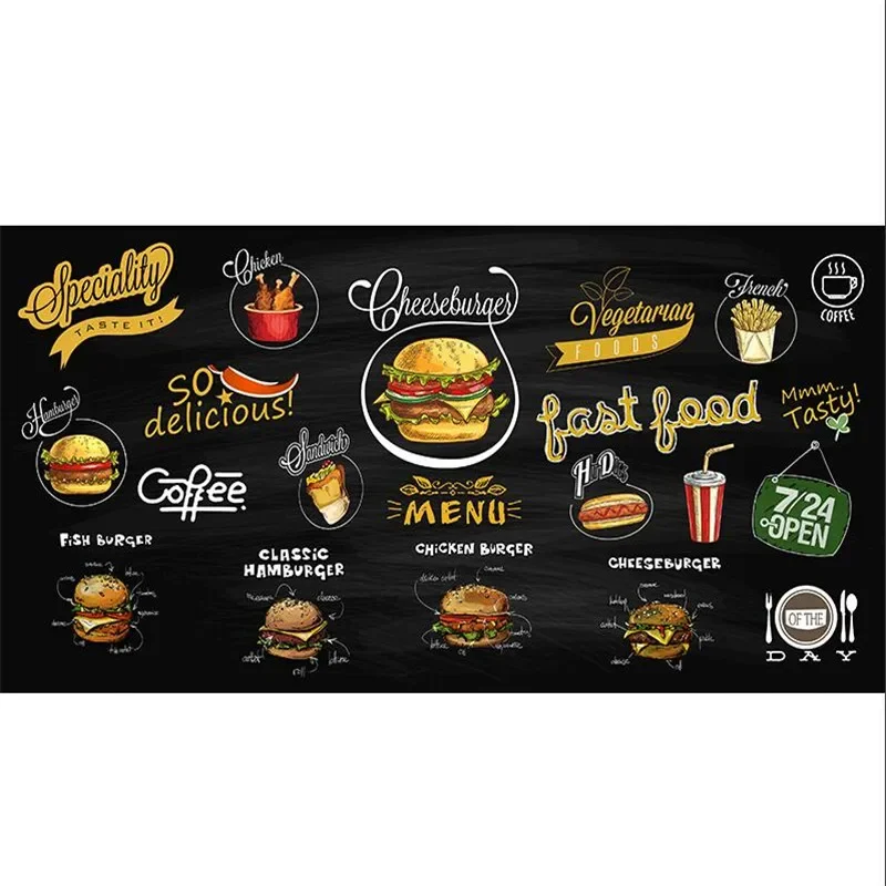 Custom Mural Wallpaper 3D Hand-painted Blackboard Western Restaurant Pizza Hamburger Fast Food Shop Background Wall Paper 3D