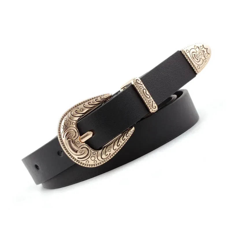 

Black Golden Pin Buckle Leather Belts for Women Pu Leather Vintage Engrave Ladies Leather Belts for Jeans Fashion Design White