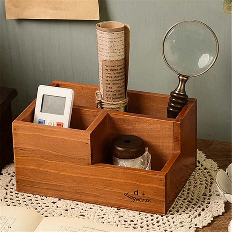 

Solid Wood Three Grid Pen Holder Office Supplies Stationery Miscellaneous Items Desktop Storage Box