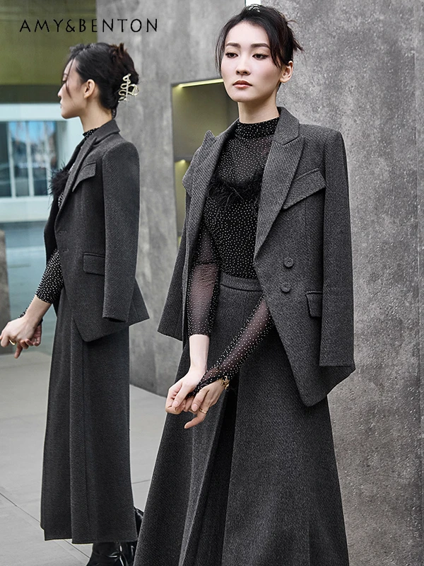 

High-Grade Temperament Woolen Commuter Business Outfits Women Slim Fit Suit Collar Jackets + A-line Skirt Two-Piece Sets Womens