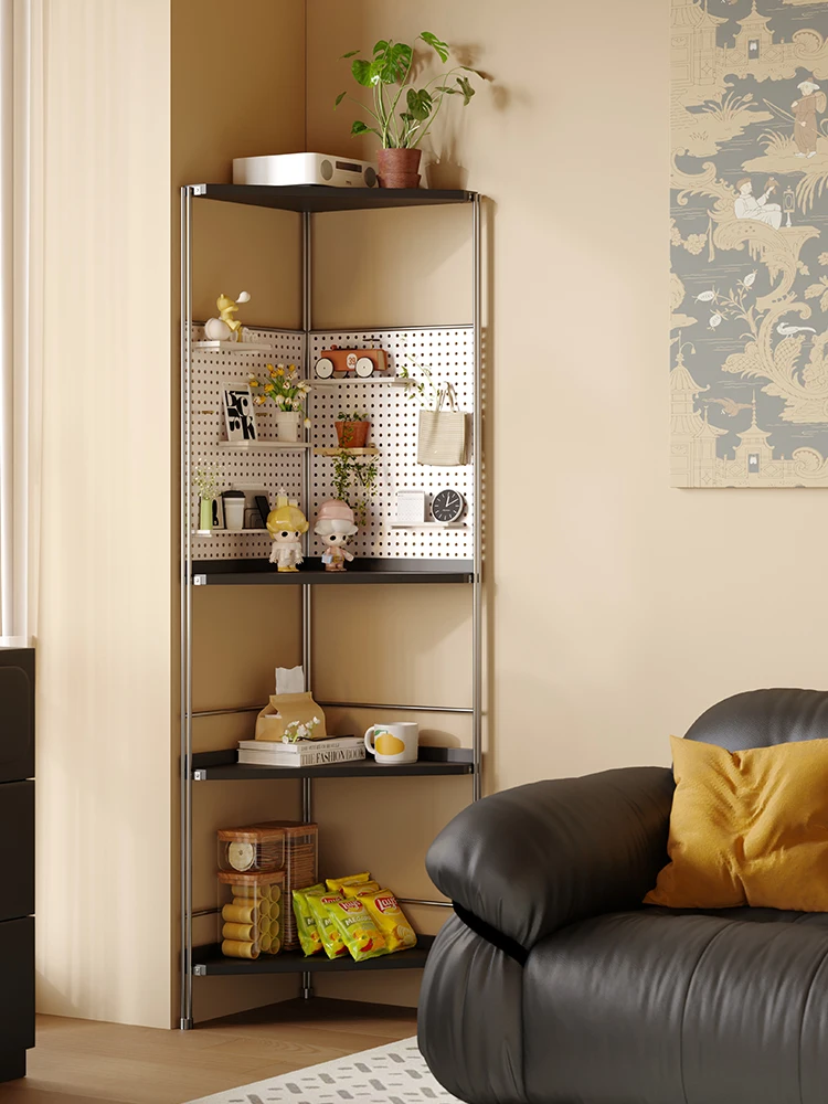 Medieval corner side cabinet, narrow side against the wall, living room, bedroom display rack, hole board storage rack to the