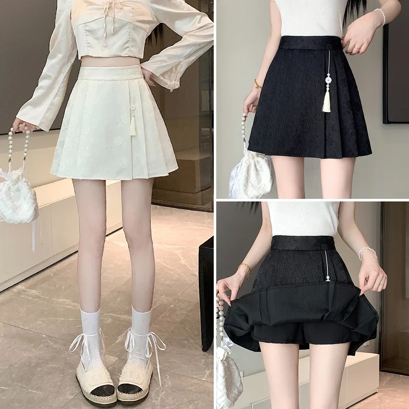 Chinese Jacquard Pleated Skirts Women's Spring Summer Tassel Pendant Skirts High Waist Slim Anti-Emptied A-line Mini Skirts New