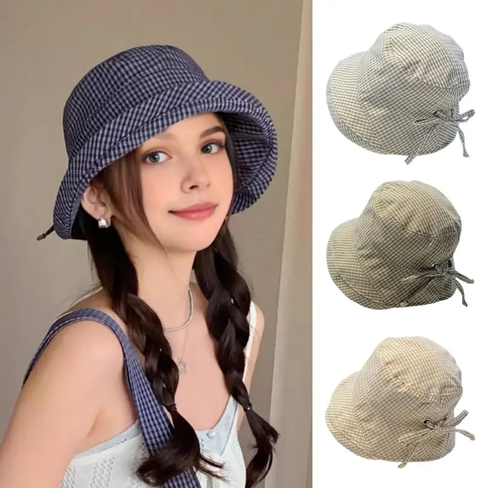 Sun Protection Wide Brim Hat Plaid Fisherman Hat for Women Wide Brim Uv Protection Sun Cap Adjustable Back Bow Summer Beach Hat