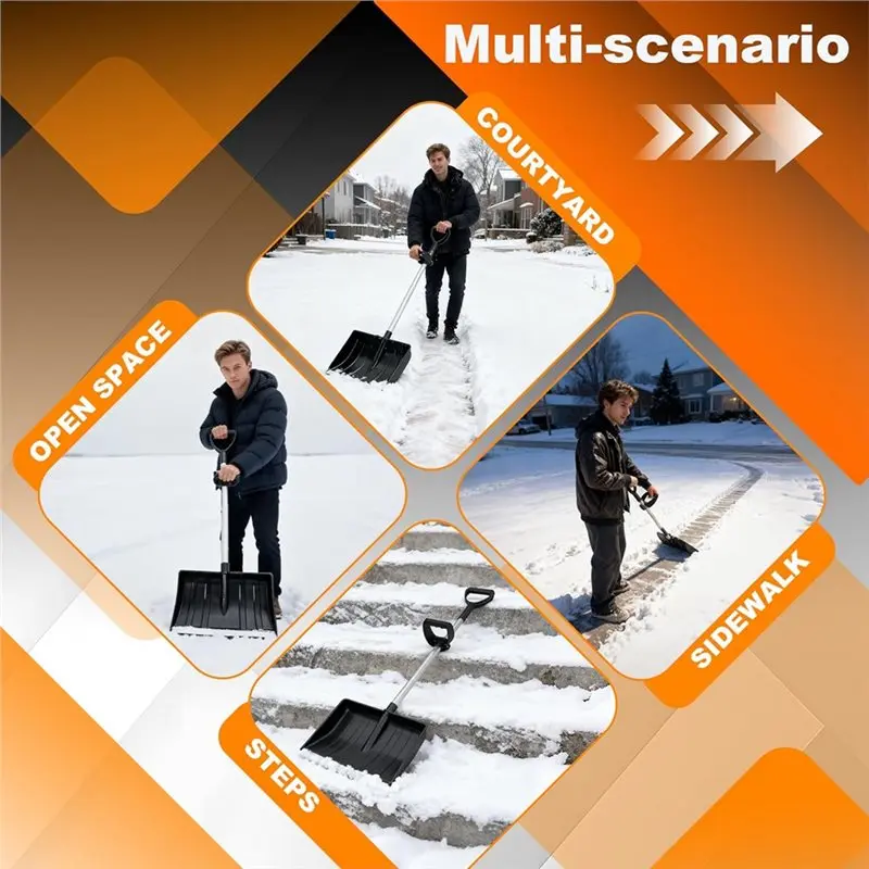 BHTS-Aluminum Strip D-Grip Handle Snow Pusher Shovel For Driveway Car Garage, Snow Removal Plow Ergonomic