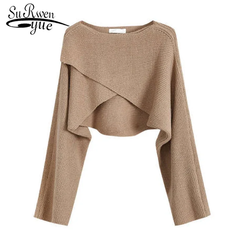 Short Women\'s Pullovers Sweaters Autumn Winter 2023 Streetwear Knitted Sweater Long Sleeve Cross Irregular Solid Y2K Tops 22933