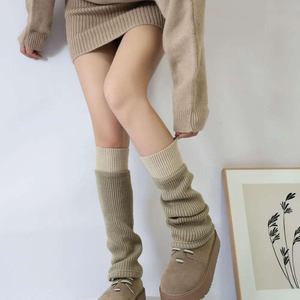 Color Block Knit Leg Warmers Women's Japanese Style Long Socks Knit Ribbed Footwear Autumn Winter Stacked Boot Cover Socks