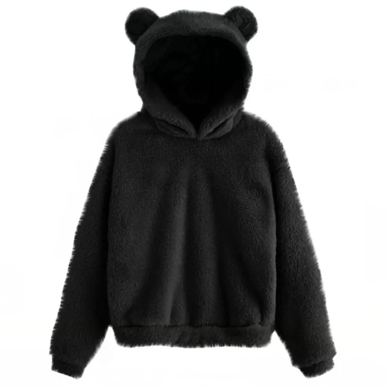 Autumn Winter Women\'s Hoodie Pullover Solid Long Sleeve Fleece Sweatshirt Warm Bear Shape Fuzzy Hoodies Sweater Pullovers Female