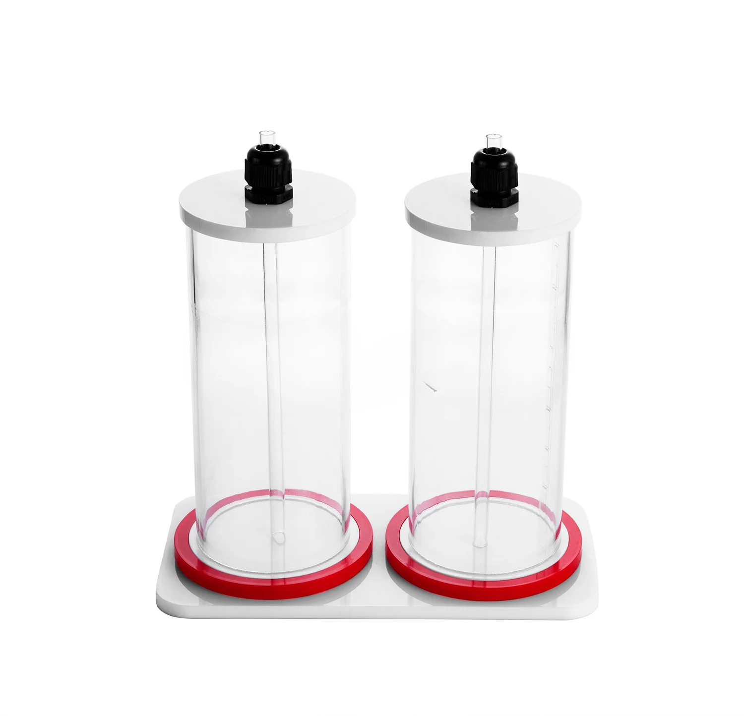 

A pair of 0.8-liter graduated acrylic storage tanks with Ca Mg label sticker titration buckets