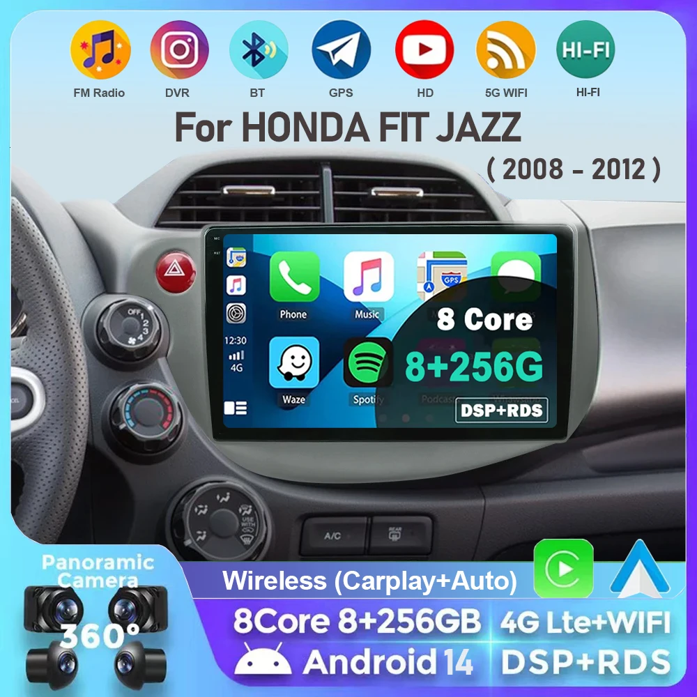 Android 14 Car Stereo Radio Multimedia Wireless Carplay Android Auto For HONDA FIT JAZZ 2008 2009 2010 2011 2012 2013 AUto BT 4G