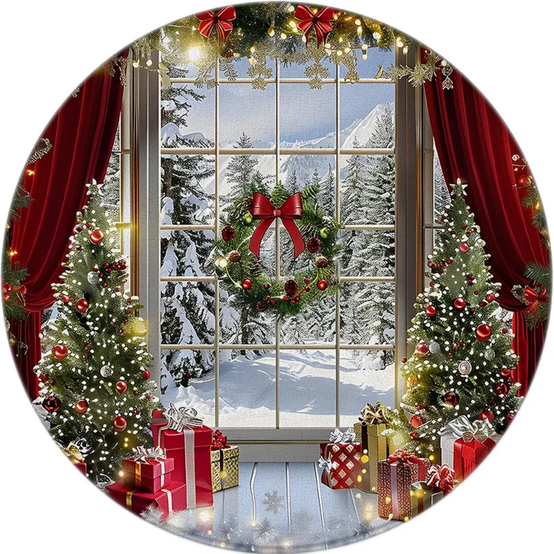 

Christmas circular carpet 60X60cm winter snowflake pine tree snow mountain western New Year decoration